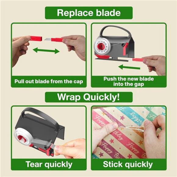 (2-Pack) Wrapping Paper Cutter & Tape Dispenser Dual Use with 4 Tapes - Picture 4 of 7
